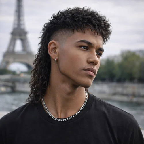 A young African American man with a long French crop mullet haircut, featuring a cropped top and flowing back, posing in front of the Eiffel Tower with an oval-shaped face and serious expression.