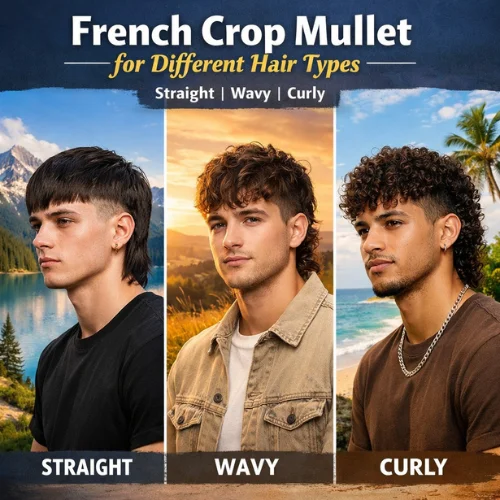 French Crop Mullet hairstyle for straight, wavy, and curly hair types, shown in a triptych with individuals in scenic outdoor locations: a peaceful alpine lake for straight hair, a sunset backdrop for wavy hair, and a tropical beach for curly hair.
