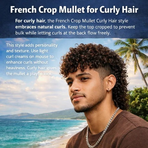 French Crop Mullet for Curly Hair: A young man with curly hair styled in a French Crop Mullet, standing on a tropical beach. His relaxed expression and casual brown T-shirt complement the vibrant beach backdrop with palm trees, turquoise waters, and a sun-kissed vibe, highlighting the style's playful and textured look
