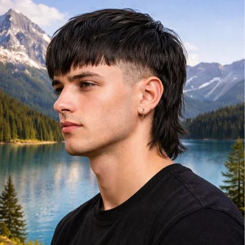 A close-up portrait of a young man with a French Crop Mullet hairstyle, showcasing sleek straight hair. He stands by an alpine lake with clear skies, lush forests, and snow-capped mountains in the background. His clean-cut appearance contrasts beautifully with the serene, natural scenery