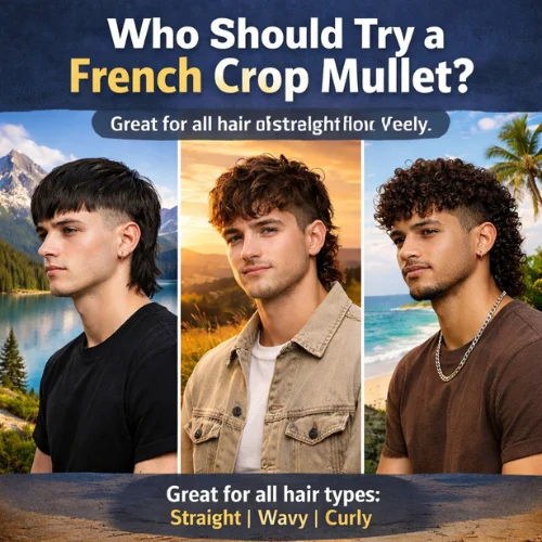 A digital collage featuring three young men with different hair types (straight, wavy, and curly) wearing the French Crop Mullet hairstyle. The men are posed in scenic outdoor settings: an alpine lake, a golden sunset, and a tropical beach. The image includes bold text that reads 'Who Should Try a French Crop Mullet?' with the description 'Great for all hair types: Straight | Wavy | Curly.'"
