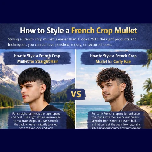 Two men showcasing French Crop Mullet styles: one with straight hair using styling cream for a neat look by an alpine lake, and the other with curly hair enhanced with mousse, set against a tropical beach