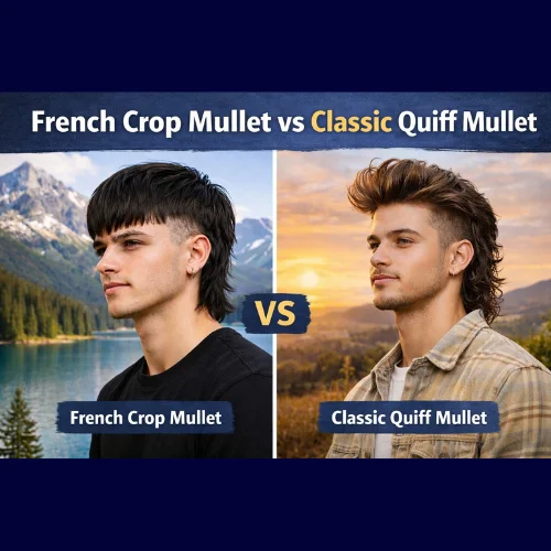 A digital comparison photo featuring two young men with different mullet styles. On the left, a man with a French Crop Mullet stands against an alpine lake, while on the right, a man with a Classic Quiff Mullet poses in front of a sunset backdrop. The image highlights the differences between the two styles, with labels 'French Crop Mullet' and 'Classic Quiff Mullet' at the bottom of each individual

