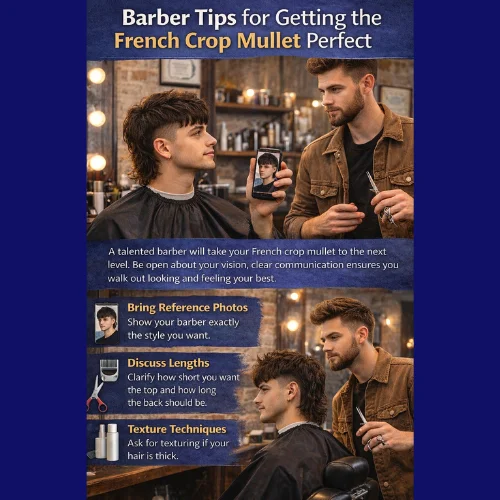 Infographic with barber tips for achieving the perfect French Crop Mullet. A young man consults his barber, showing a reference photo on his phone. Tips include bringing reference photos, discussing lengths, asking for texturing, and getting maintenance advice for a flawless cut, all set in a traditional barbershop.