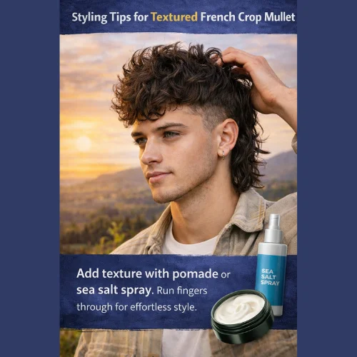 Young man with a textured French Crop Mullet, using pomade and sea salt spray for a styled, tousled look, set against a soft nature background.