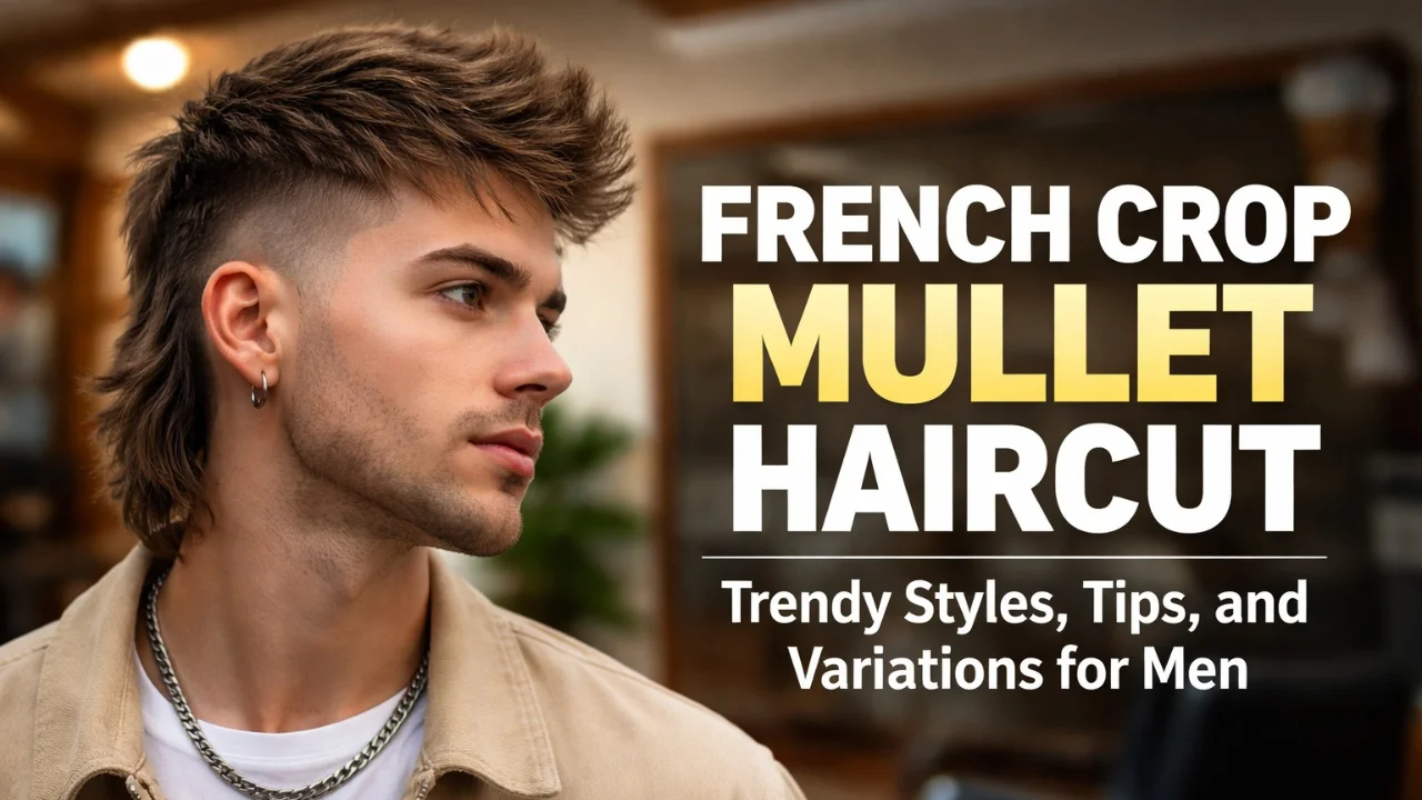 Stylish young man with a French crop mullet haircut, featuring a cropped top and longer back, posing in a modern barbershop with soft lighting.
