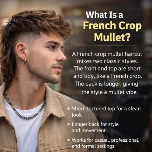 Young man with a French crop mullet haircut, showing a short, textured top and longer back, standing in a modern barbershop with a casual jacket.