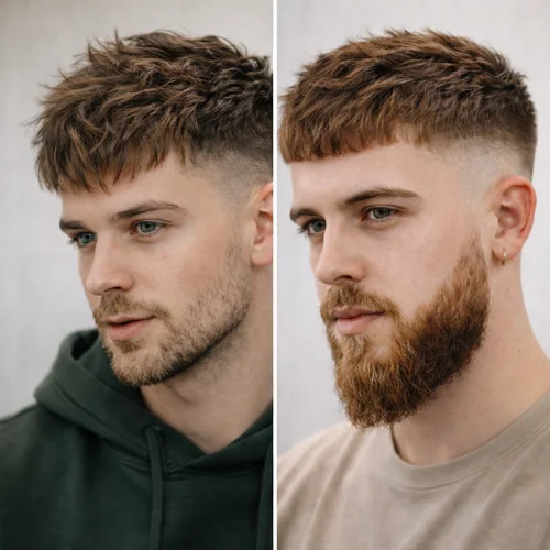 Messy vs classic French crop haircut comparison with textured top and low fade, modern men’s hairstyle difference guide.