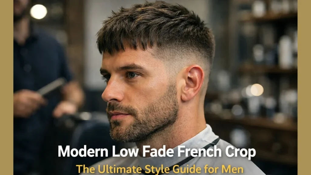 Modern Low Fade French Crop haircut for men with textured top and clean low fade sides in professional barbershop