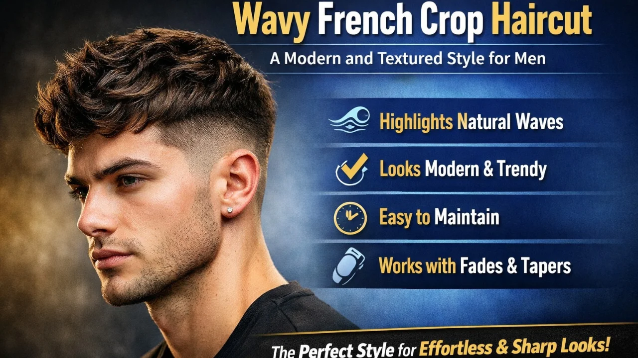 Wavy French crop haircut for men with textured waves on top and faded sides modern trendy hairstyle