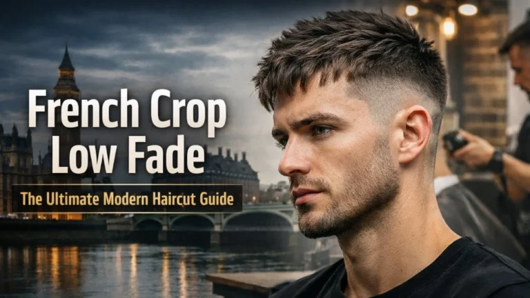 French crop low fade modern mens haircut with textured top and clean low fade in professional barbershop USA and UK style trend