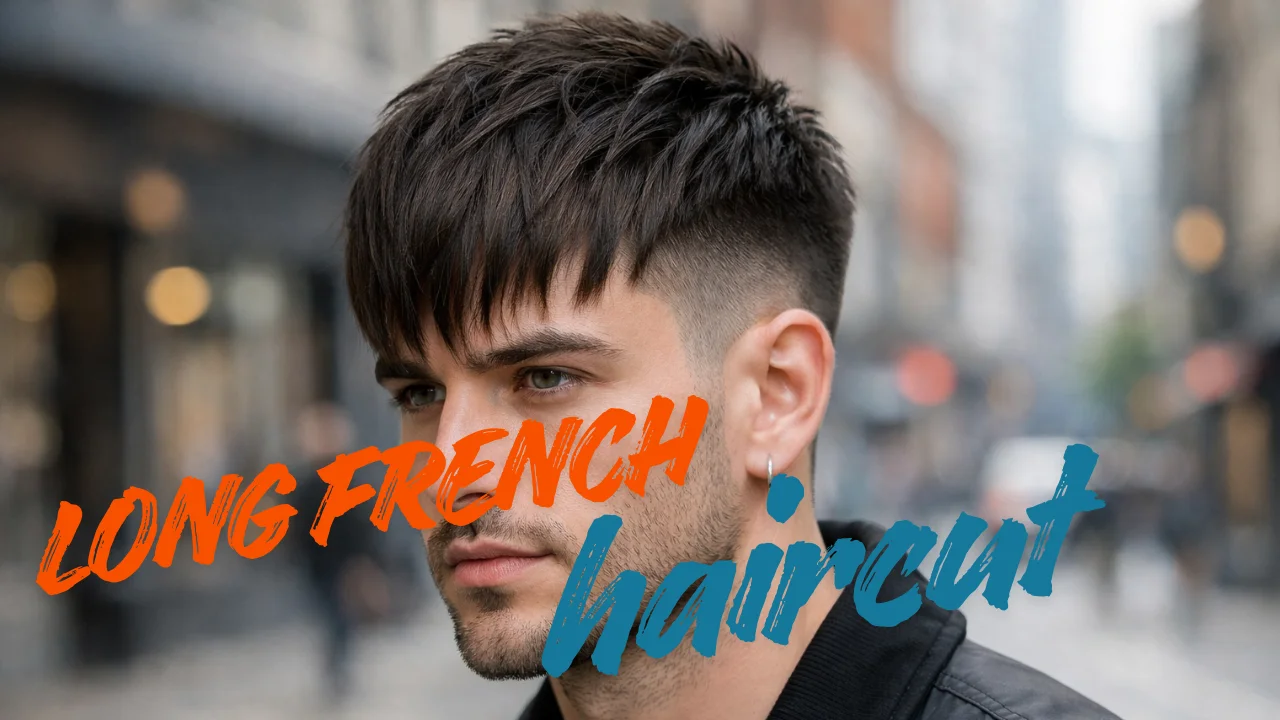 Young man with a long French crop haircut featuring textured top, extended fringe, and clean mid fade sides, styled in an urban street setting.