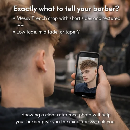 A man shows his barber a reference photo of a French crop haircut on his phone in a barbershop.