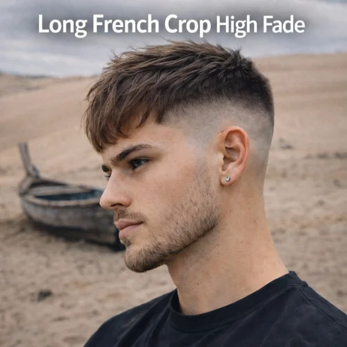 Long French Crop Fade haircut on young man with textured longer top in desert background
