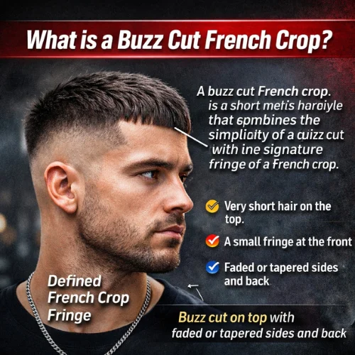 Man with a short buzz cut French crop hairstyle showing a defined fringe and faded sides
