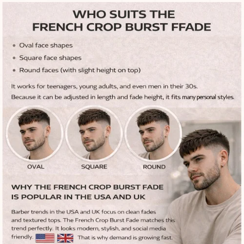 French Crop Burst Fade haircut showing oval, square, and round face shapes with clean textured fade style