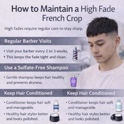 How to maintain a French Crop High Fade haircut with clean high fade and healthy styled top