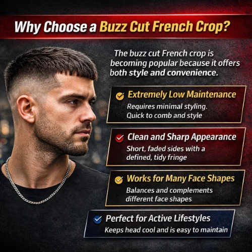 Modern buzz cut French crop hairstyle with clean fade and short textured fringe
