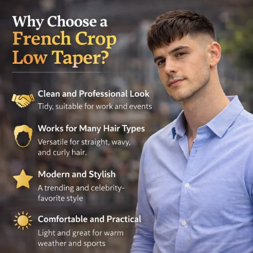 Modern French crop low taper hairstyle with neat sides and short fringe