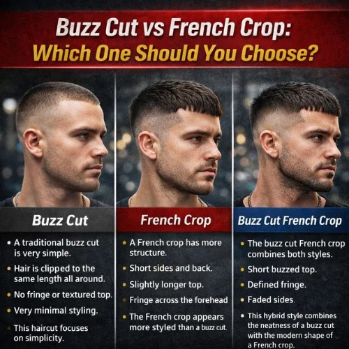 Men’s haircut comparison showing buzz cut, French crop, and hybrid buzz cut French crop style
