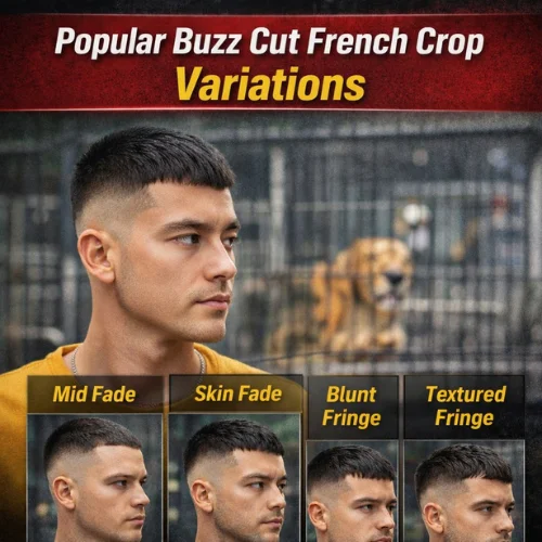 Buzz cut French crop variations with mid fade, skin fade, blunt fringe, and textured fringe