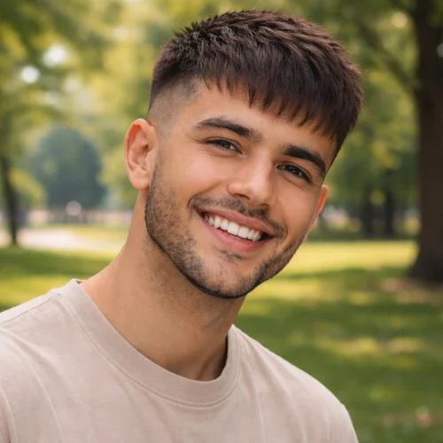 French crop haircut for straight hair with textured fringe and low fade on a smiling man in a park
