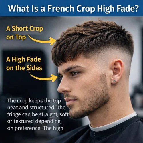 French Crop Fade men’s haircut with textured top and defined high fade above the temples