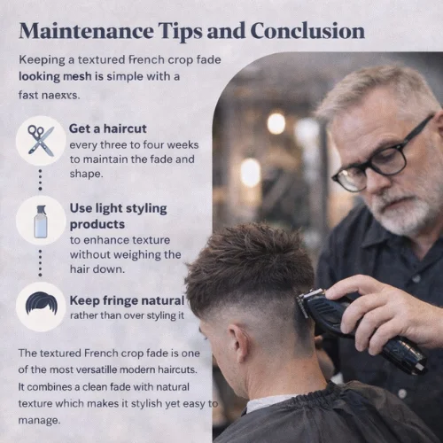 barber trimming textured french crop fade mens haircut in barbershop