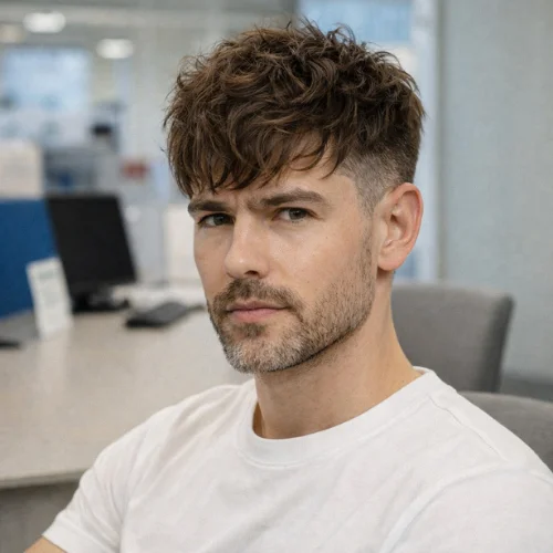 modern long textured French crop hairstyle for men showing layered top and natural movement on a 47 year old man wearing a white shirt