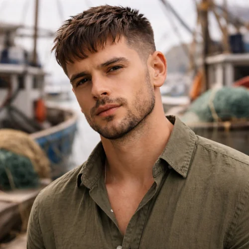 fisherman with short textured french crop haircut and beard wearing green shirt