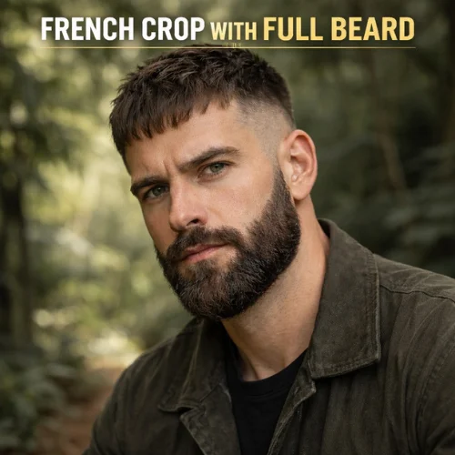full beard with French crop hairstyle for men textured crop haircut with thick full beard
