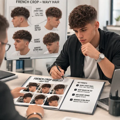 how to ask barber for french crop haircut wavy hair men hairstyle consultation guide
