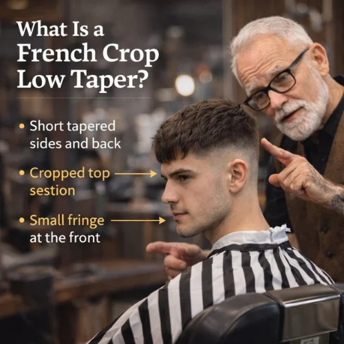 Barber showing French crop low taper hairstyle with short tapered