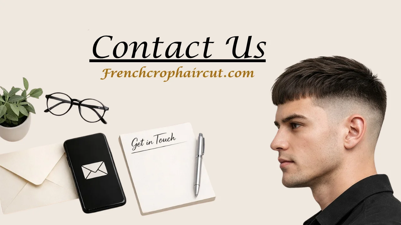 Contact Us page of frenchcrophaircut.com showcasing a stylish men's French crop haircut with fade, alongside contact elements like phone, envelope, and get in touch notebook for barber and hairstyle services.