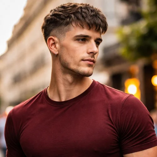 textured french crop haircut men short sides fringe modern hairstyle muscular man red shirt
