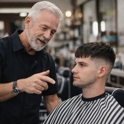 Experienced barber advising client on French crop vs fade haircut for best hairstyle choice in barbershop

