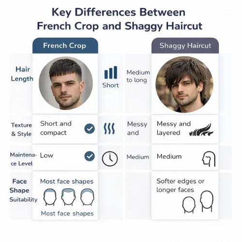 french crop vs shaggy haircut key differences showing hair length texture maintenance and face shape suitability comparison for men
