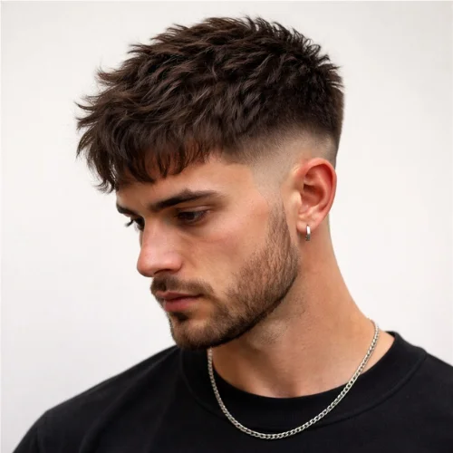 Messy French Crop Low Taper Fade hairstyle for men, short textured top with gradually faded clean sides, modern and stylish men's haircut, easy-to-maintain hairstyle