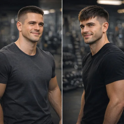 Smiling young Black man showcasing crew cut and French crop hairstyles side by side, highlighting differences in style, length, and versatility for men
