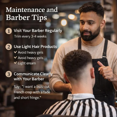 Barber explaining buzz cut French crop maintenance tips to client