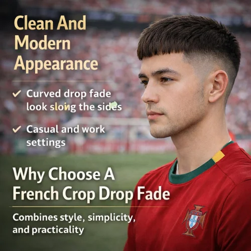 French crop drop fade haircut clean modern mens hairstyle with textured top and curved fade shown on young football fan in stadium wearing Portugal jersey

