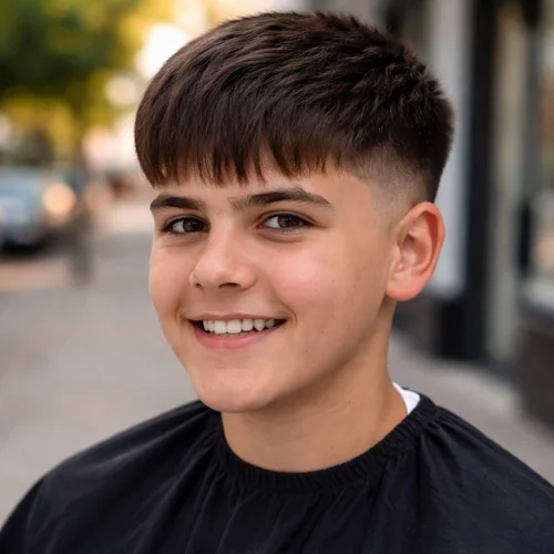 french crop haircut for boys with low fade and straight fringe clean modern short hairstyle