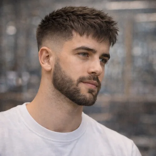 textured french crop mid fade mens haircut with beard sharp masculine hairstyle with clean fade
