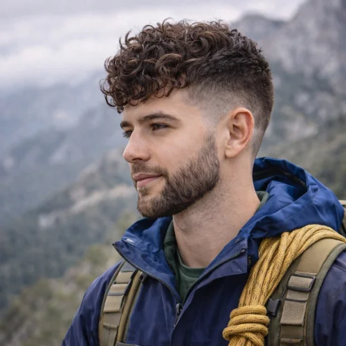 curly low fade french crop mens haircut with natural curls and clean faded sides mountain climber boy hairstyle