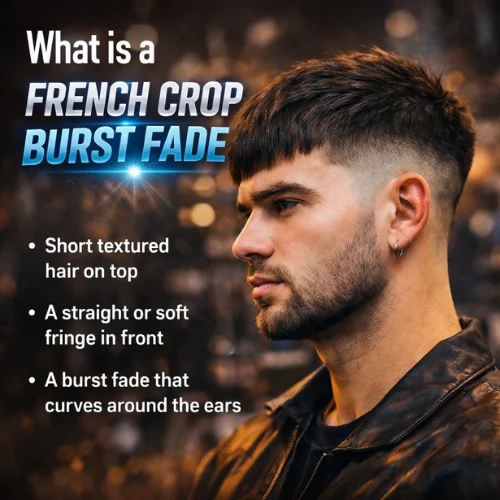 Modern French Crop Burst Fade men’s haircut with clean circular burst fade and structured crop top