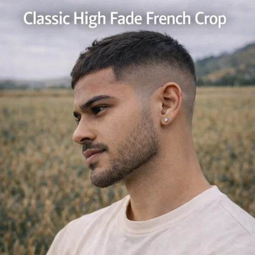 Classic High Fade French Crop haircut on young man with balanced crop and clean high fade in field