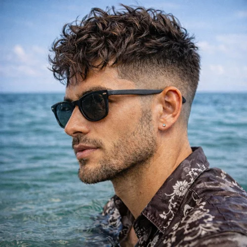 messy french crop low fade curly hair mens haircut with textured curls on top and clean faded sides