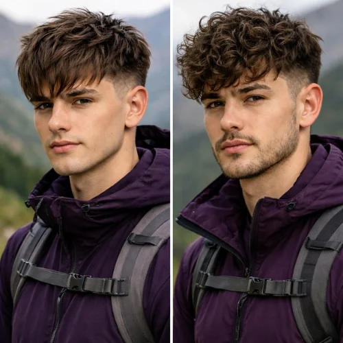 long textured French crop hairstyle for men with straight and curly hair comparison shown on a boy wearing a dark violet mountain climbing jacket