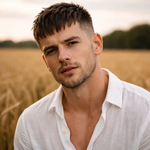 man with short textured french crop haircut wearing white shirt standing in field with strong facial expression
