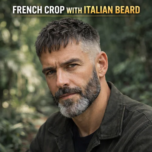 French crop with Italian beard style for men short textured crop haircut with shaped Italian beard